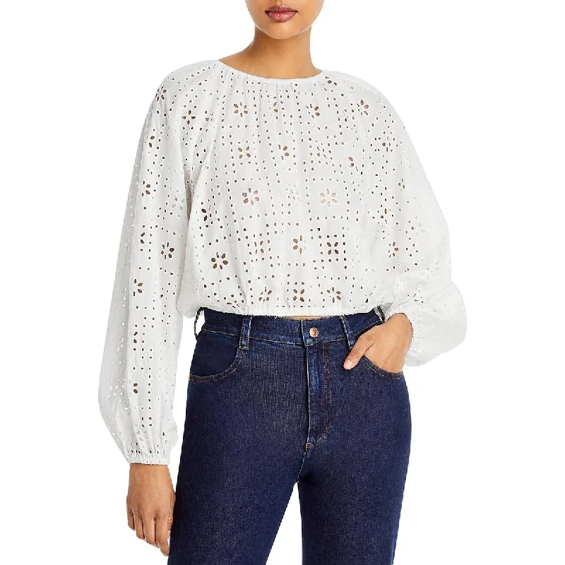 Aqua Womens Cropped Eyelet Blouse