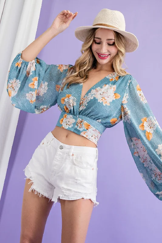 ee:some Cropped Long Sleeve Blouse With Adjustable Back Tie In Floral Sage