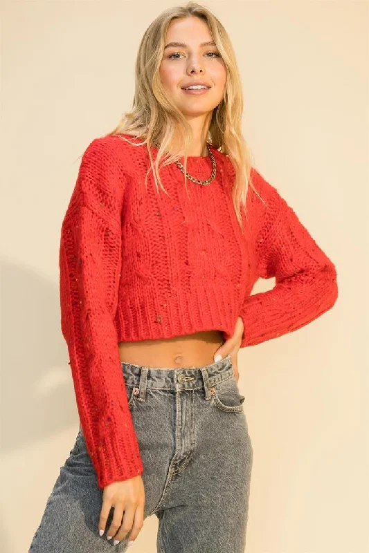 Hyfve Double Zero Crew Neck Cable Crop Popcorn Sweater In Red Or Smoke Blue