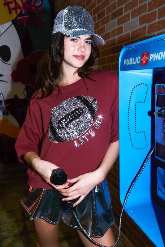 Peach Love Football Sequin Patch Crop Tee In Maroon