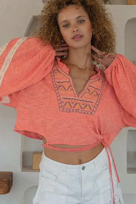 POL Coral Embroidered Crop Poets Blouse