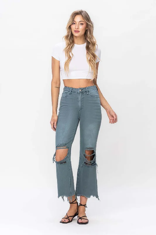 Vervet by Flying Monkey 90's Vintage Super High Rise Crop Deconstructed Flare Jeans In Mallard Green