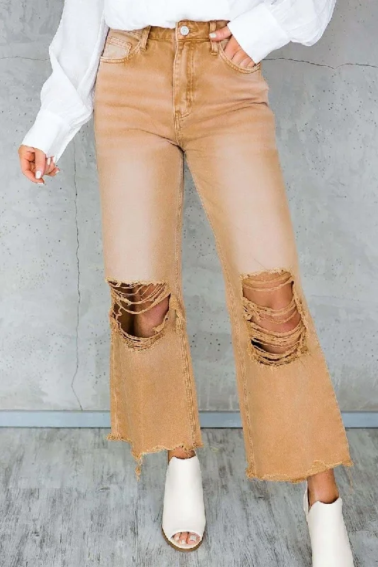 Caramel Distressed High Waist Cropped Flare Denim