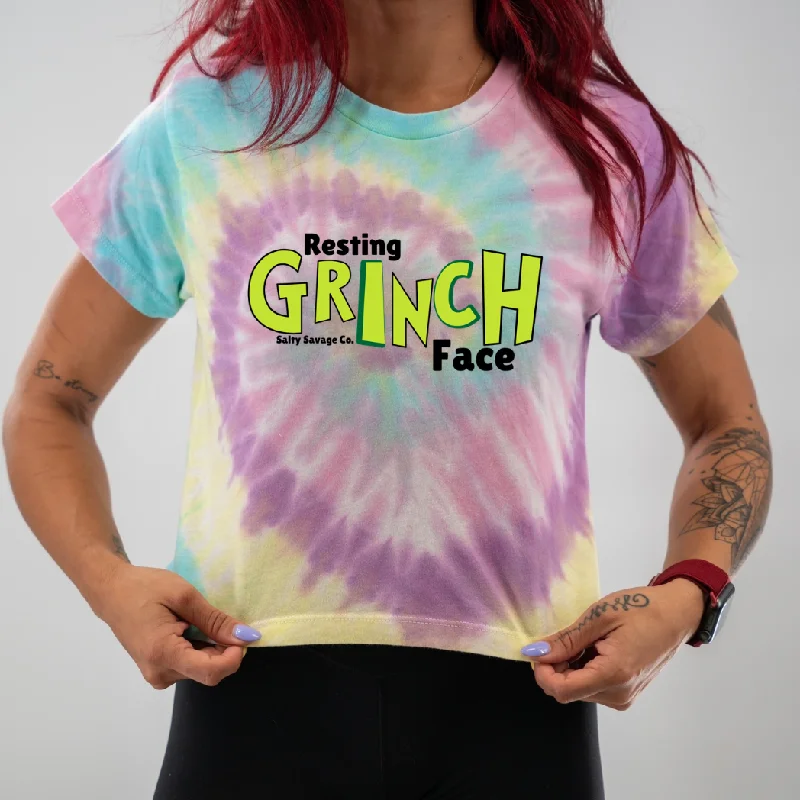 Salty Savage Ladies "Resting GRINCH Face” Spiral Tie Dye Crop Tee